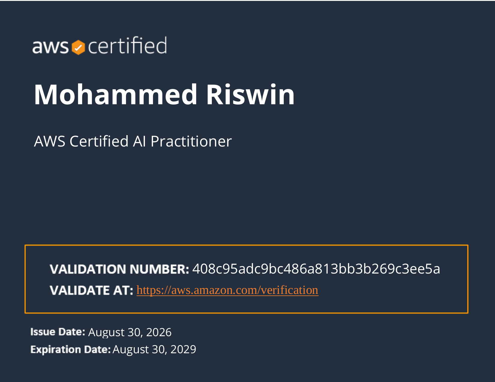 AWS Certified AI Practitioner certificate issued by Amazon Web Services